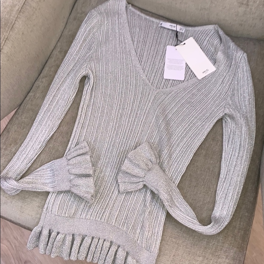 Mango V neck knit sliver metallic NWT size s